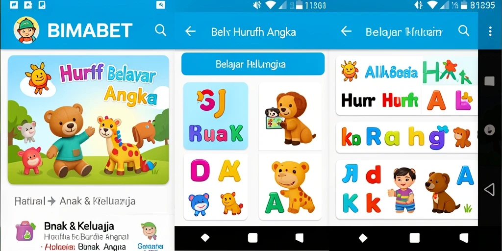 Antarmuka BIMABET yang interaktif dan ceria untuk belajar huruf dan angka.