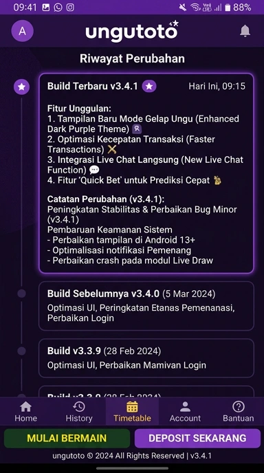 Tampilan riwayat versi ungutoto